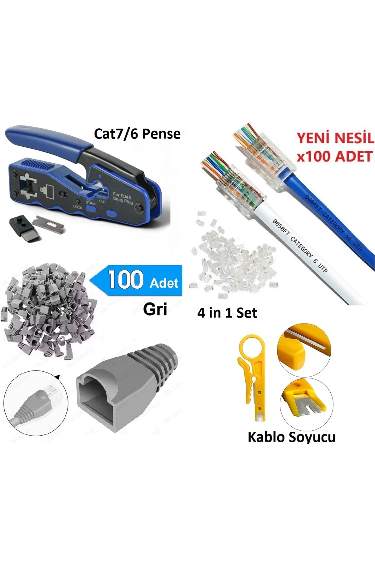 Yeni Nesil Pense Cat7/6A/Cat6 + 100 Adet Cover + 100 Adet Rj45 Jak + Kablo Soyucu 4 in 1 SeT