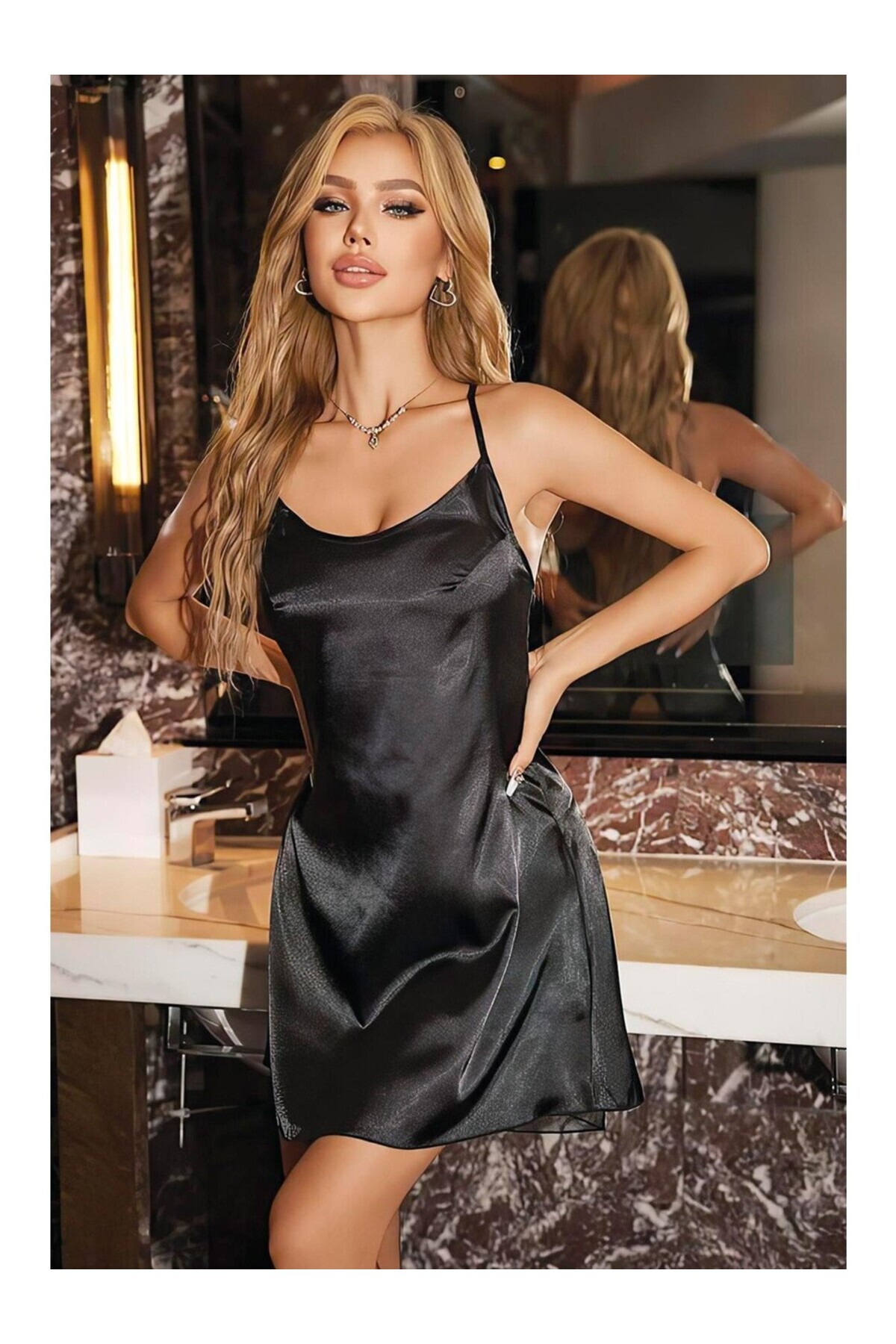 SRL Saten Fantezi Gecelik | Siyah