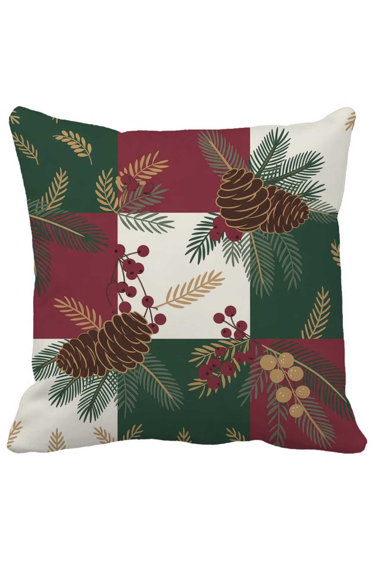 Burgundy-Green Block Patterned Pillowcase - 43 x 43 cm Suede with Pine Branch