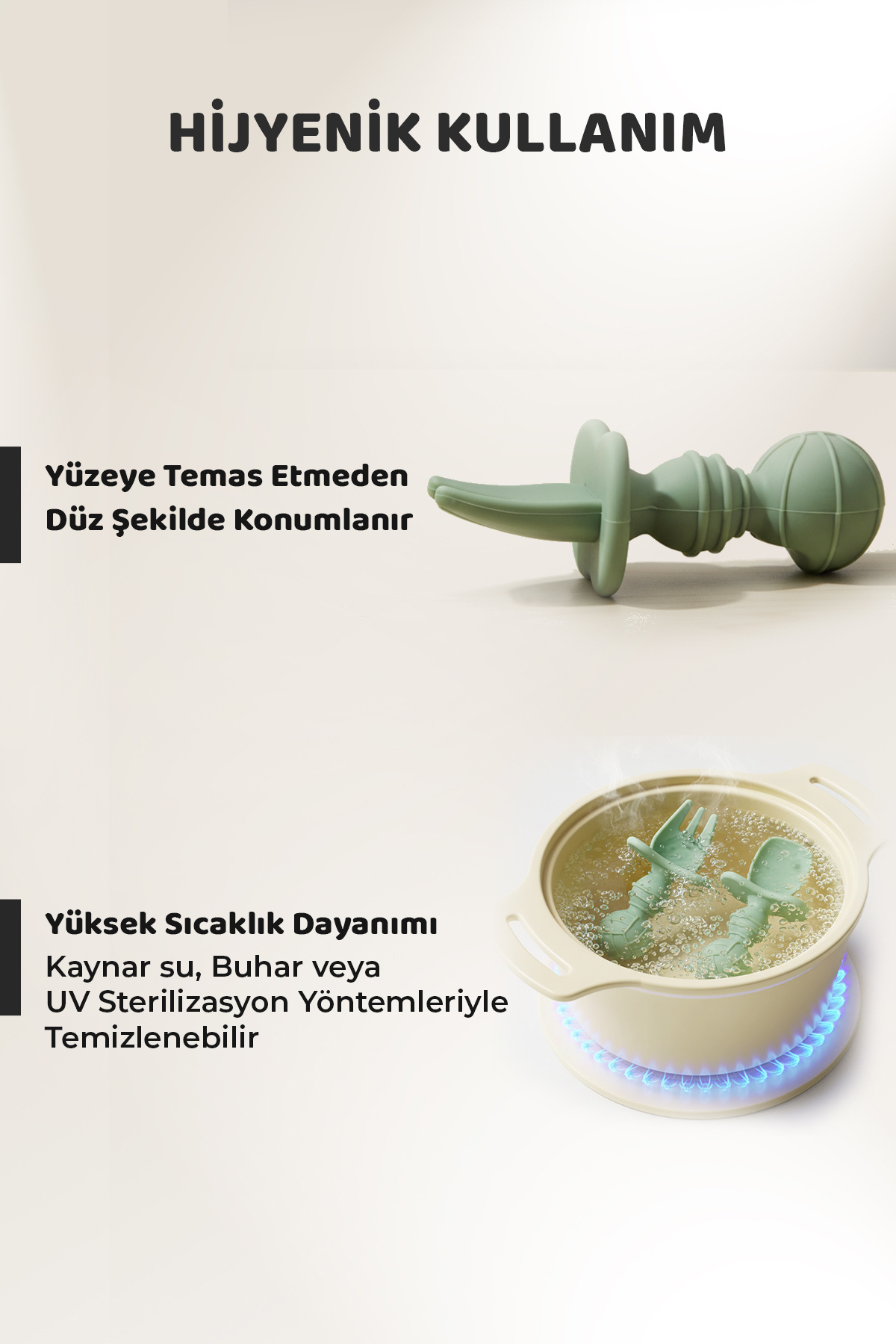 Guqqo Silikon Bebek Kaşık Çatal Seti 4’lü, BLW, Gıda Sınıfı Silikon, Krem Yeşil fotoğrafı 3 (önizleme)
