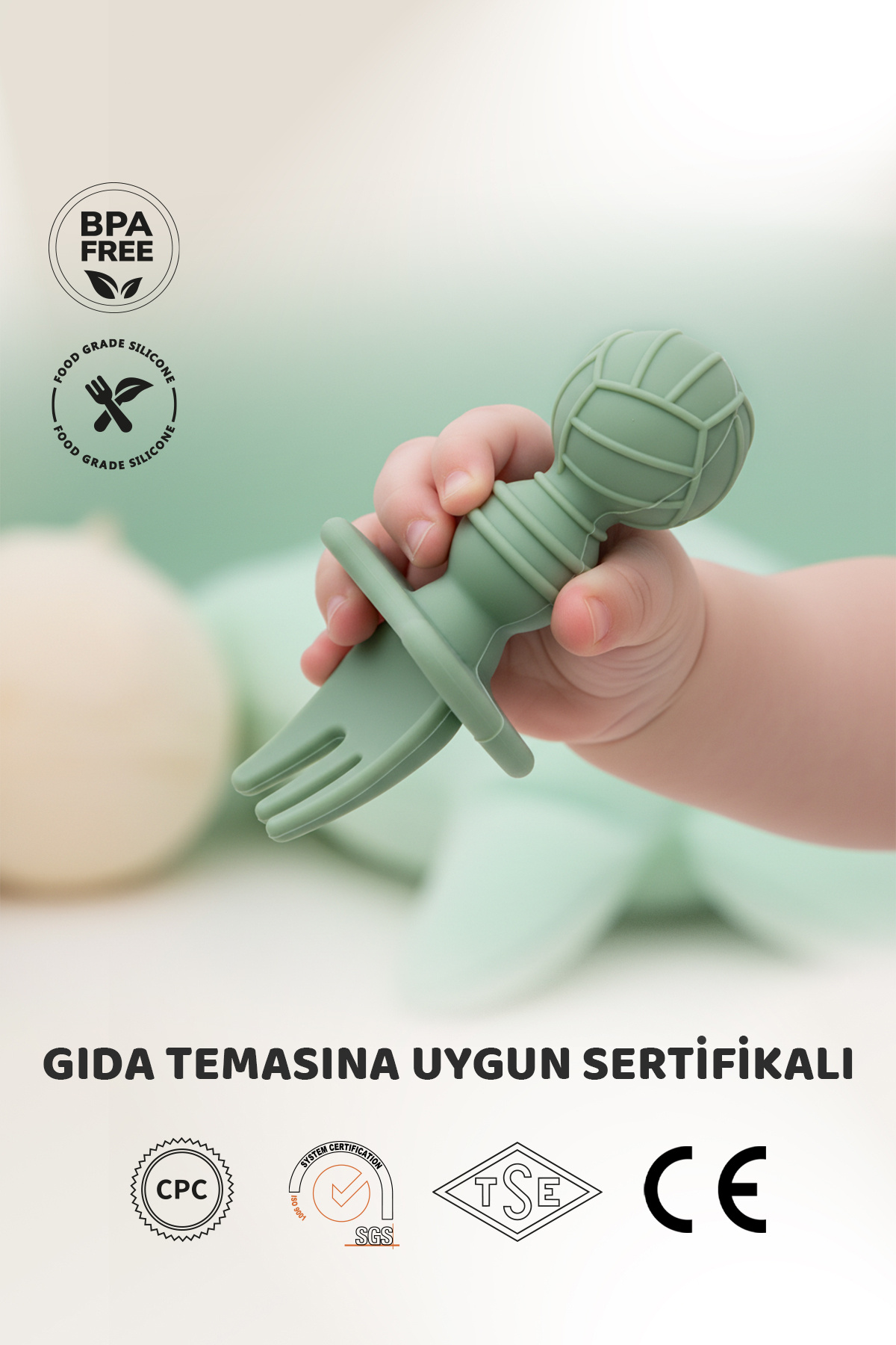 Guqqo Silikon Bebek Kaşık Çatal Seti 4’lü, BLW, Gıda Sınıfı Silikon, Krem Yeşil fotoğrafı 5 (önizleme)