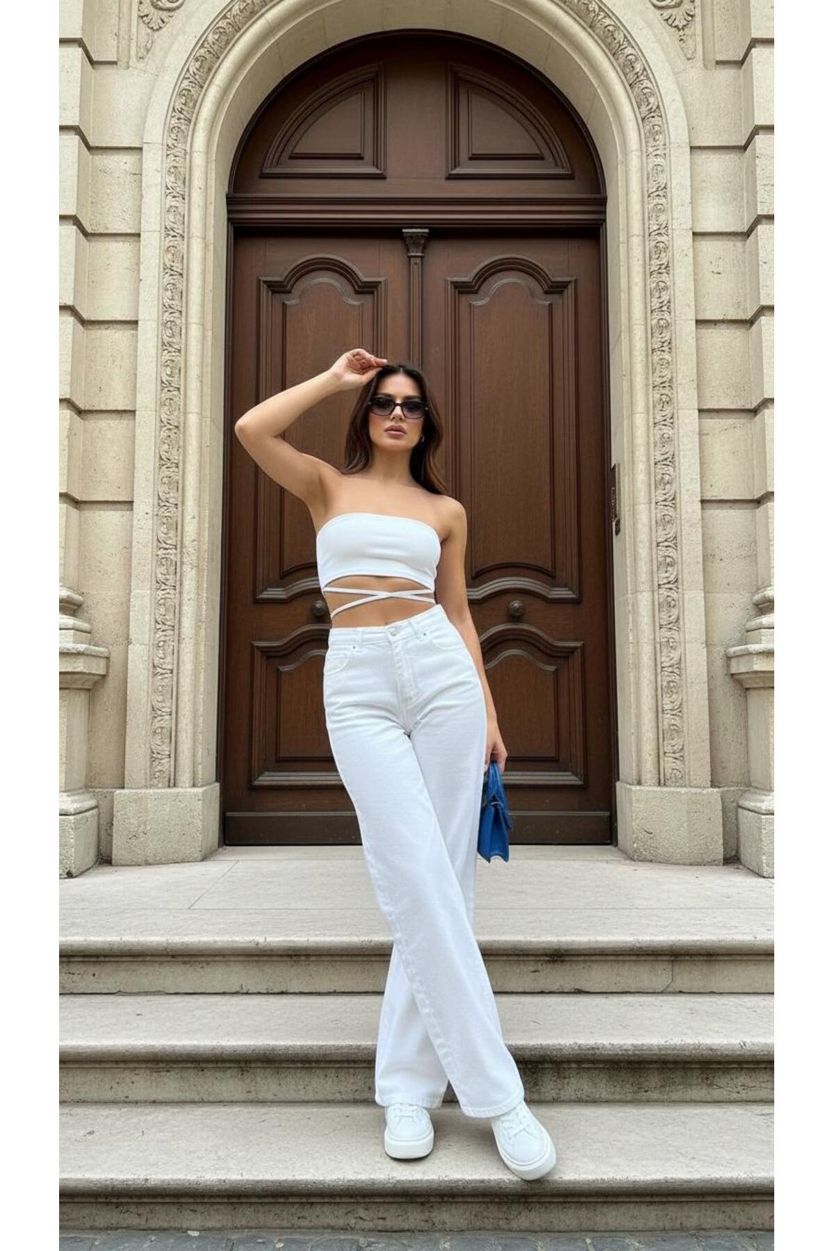 geenz manifacture  Hayal Beyaz Kadın Yüksek Bel Jeans Salaş Kot Pantolon Palazzo - Görsel 6