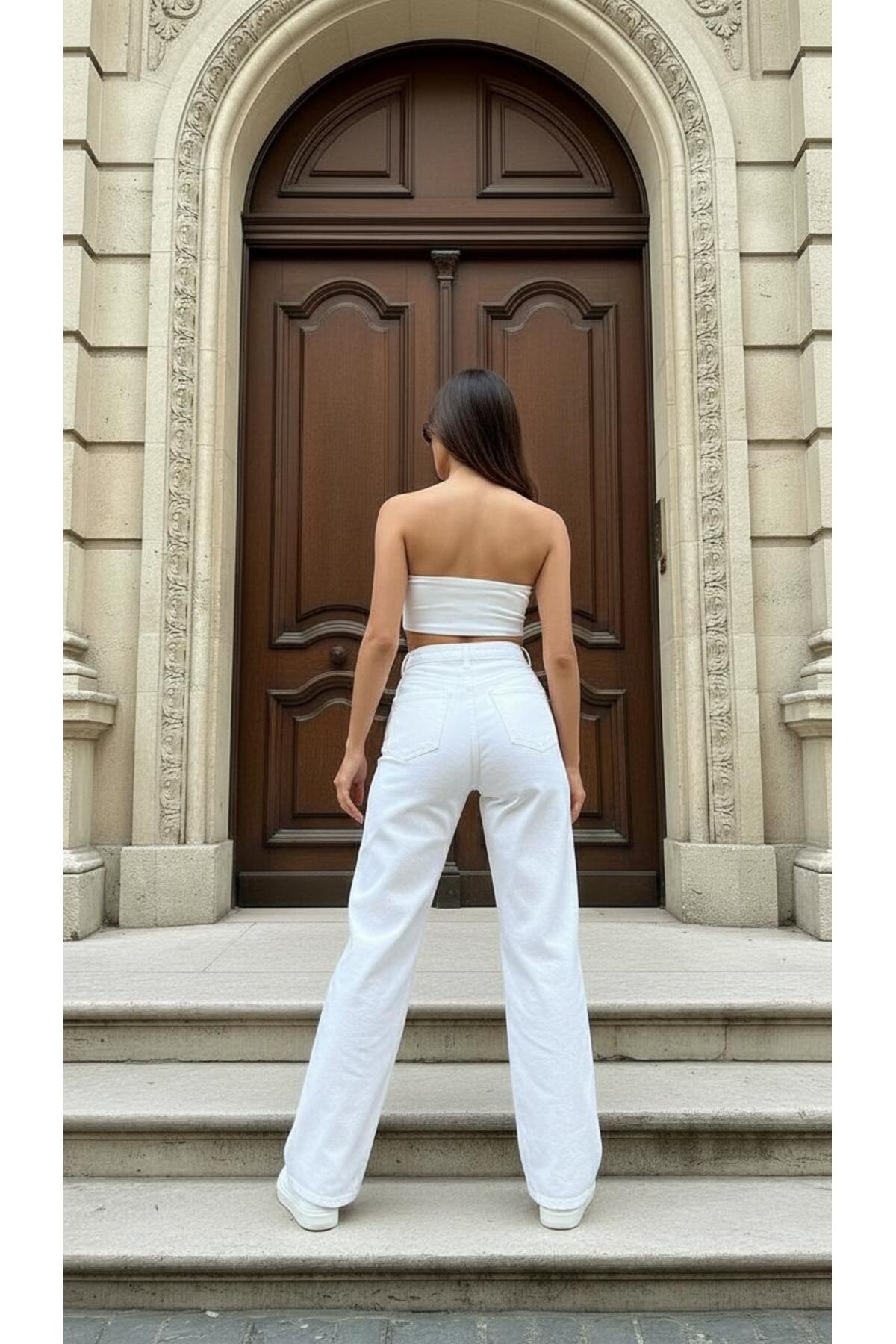 geenz manifacture  Hayal Beyaz Kadın Yüksek Bel Jeans Salaş Kot Pantolon Palazzo - Görsel 2