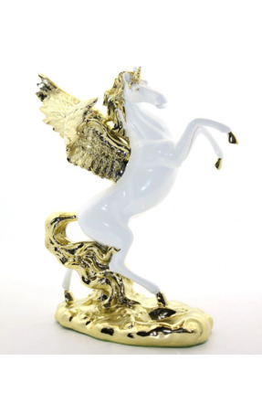 Energic Beyaz ve Gold Şahlanan Kanatlı At Biblo - 35 cm Büyük Boy Dekoratif M...