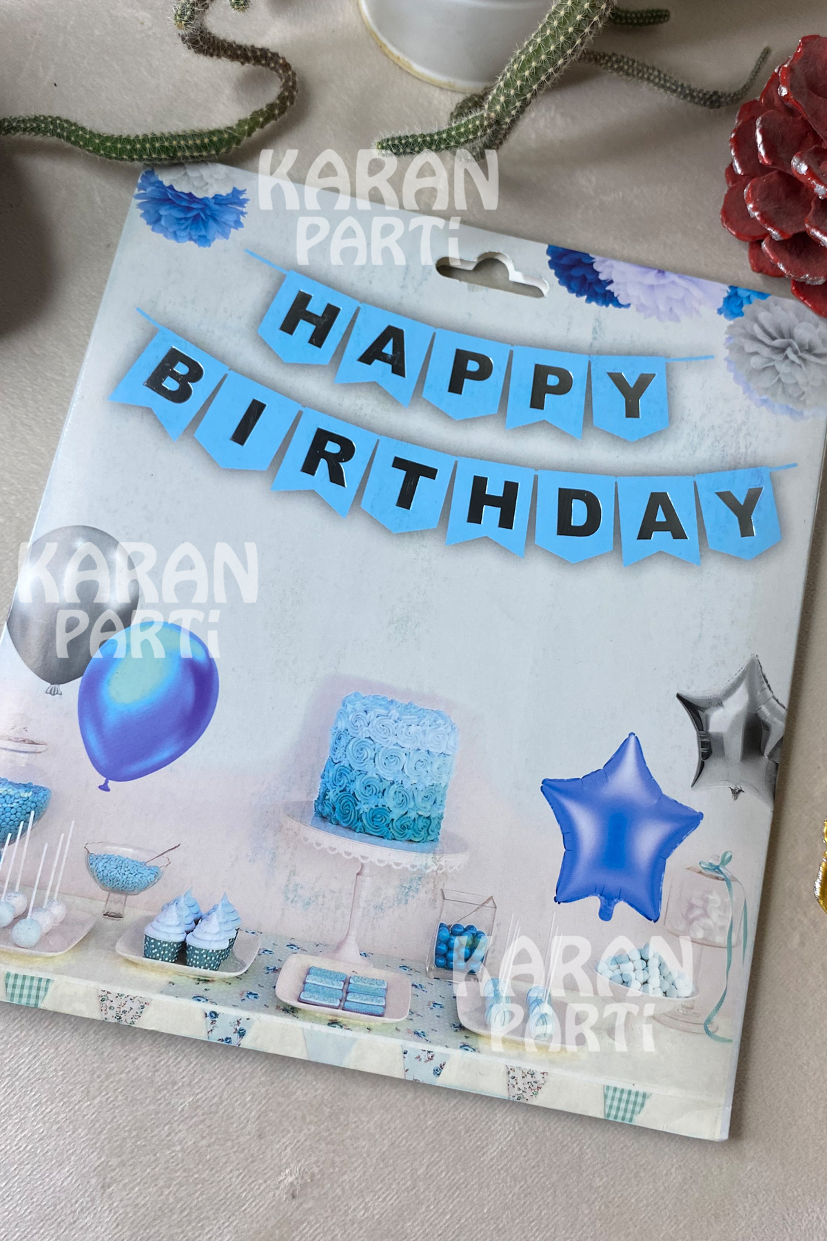 karanca parti süs Açık Mavi Üzeri Gümüş Yaldızlı Happy Birthday Banner Flama Bayrak Süsü