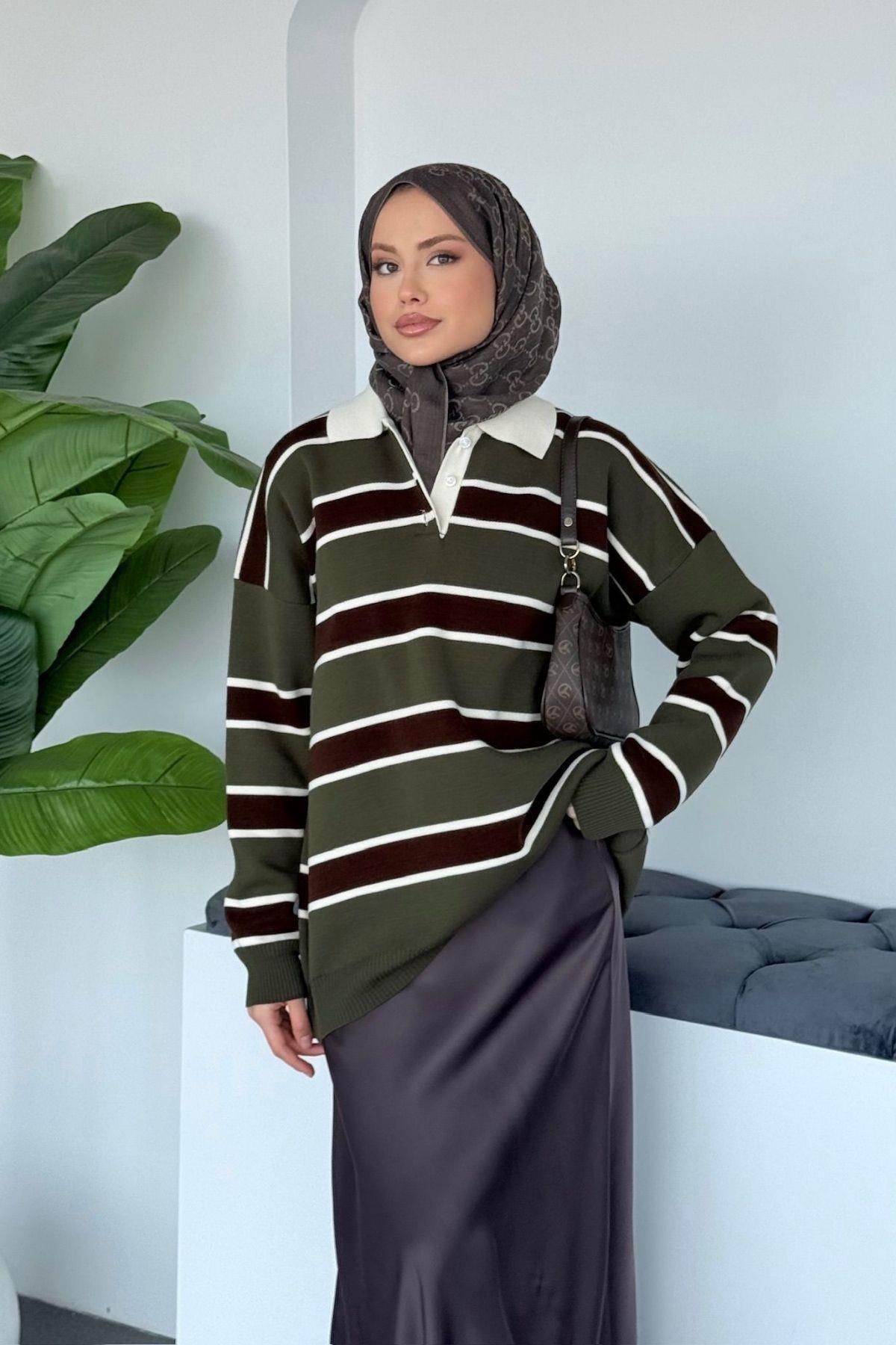 Hazamoda  Yakalı Pike Çizgili Kazak Haki - Görsel 2