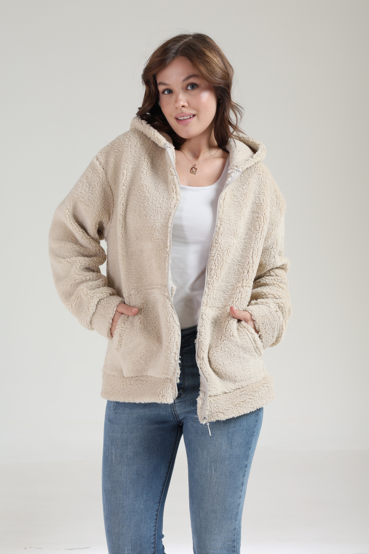 Tight Lady  Kalın Doku Welsoft Kışlık Kangru Cep Kapüşonlu Fermuarlı Peluş Hırka - Görsel 7