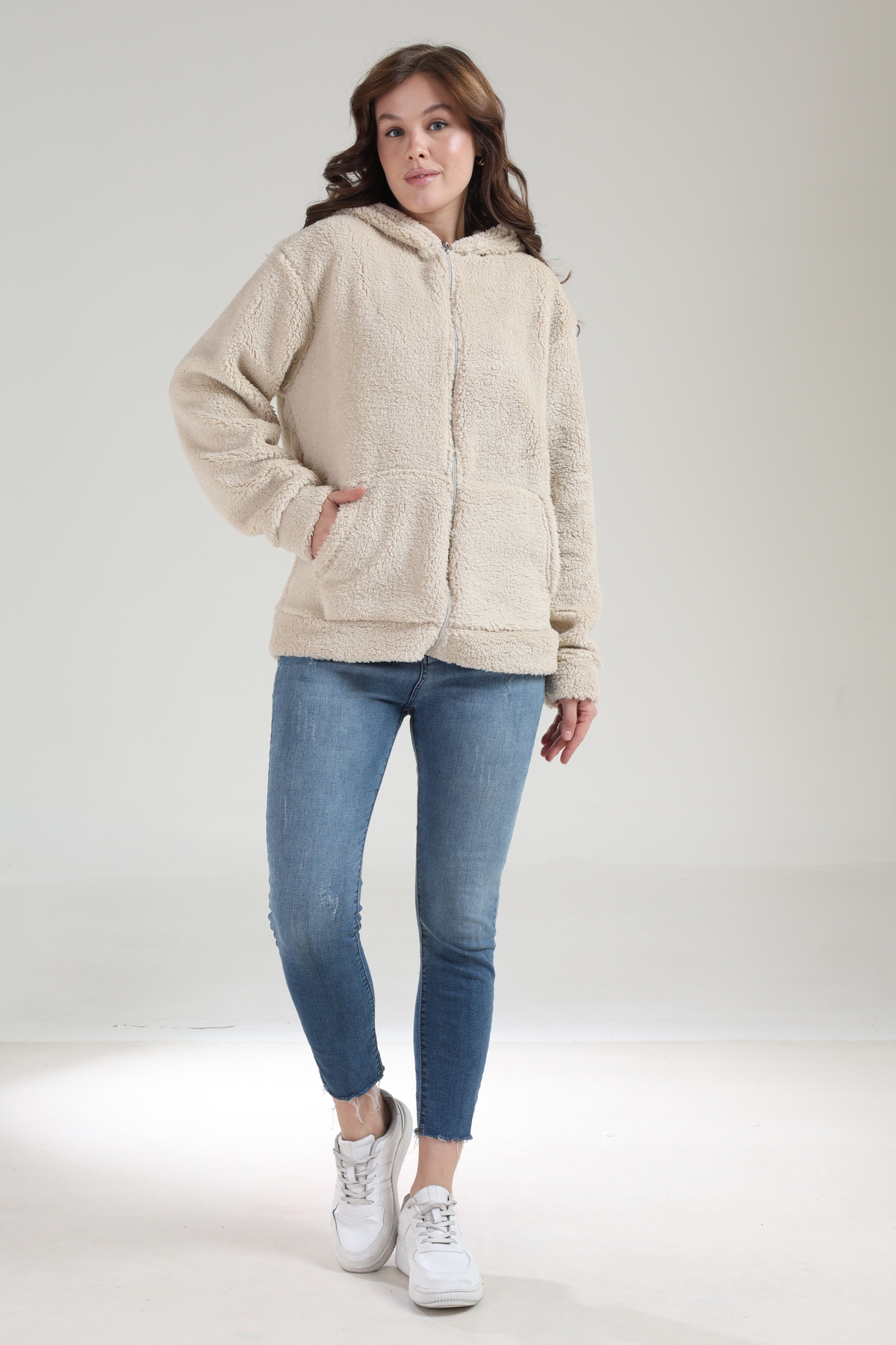 Tight Lady  Kalın Dokulu Welsoft Kışlık Kangru Cep Kapüşonlu Fermuarlı Sweatshirt Hırka - Görsel 3