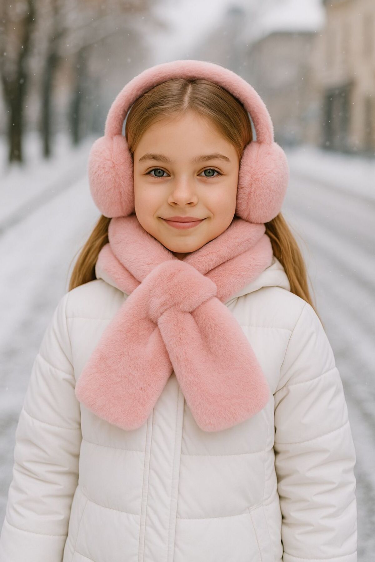 BALIENTE Pembe Yumuşak Dokulu Peluş Kız Çocuk Kulaklık ve Boyunluk 2’li Set