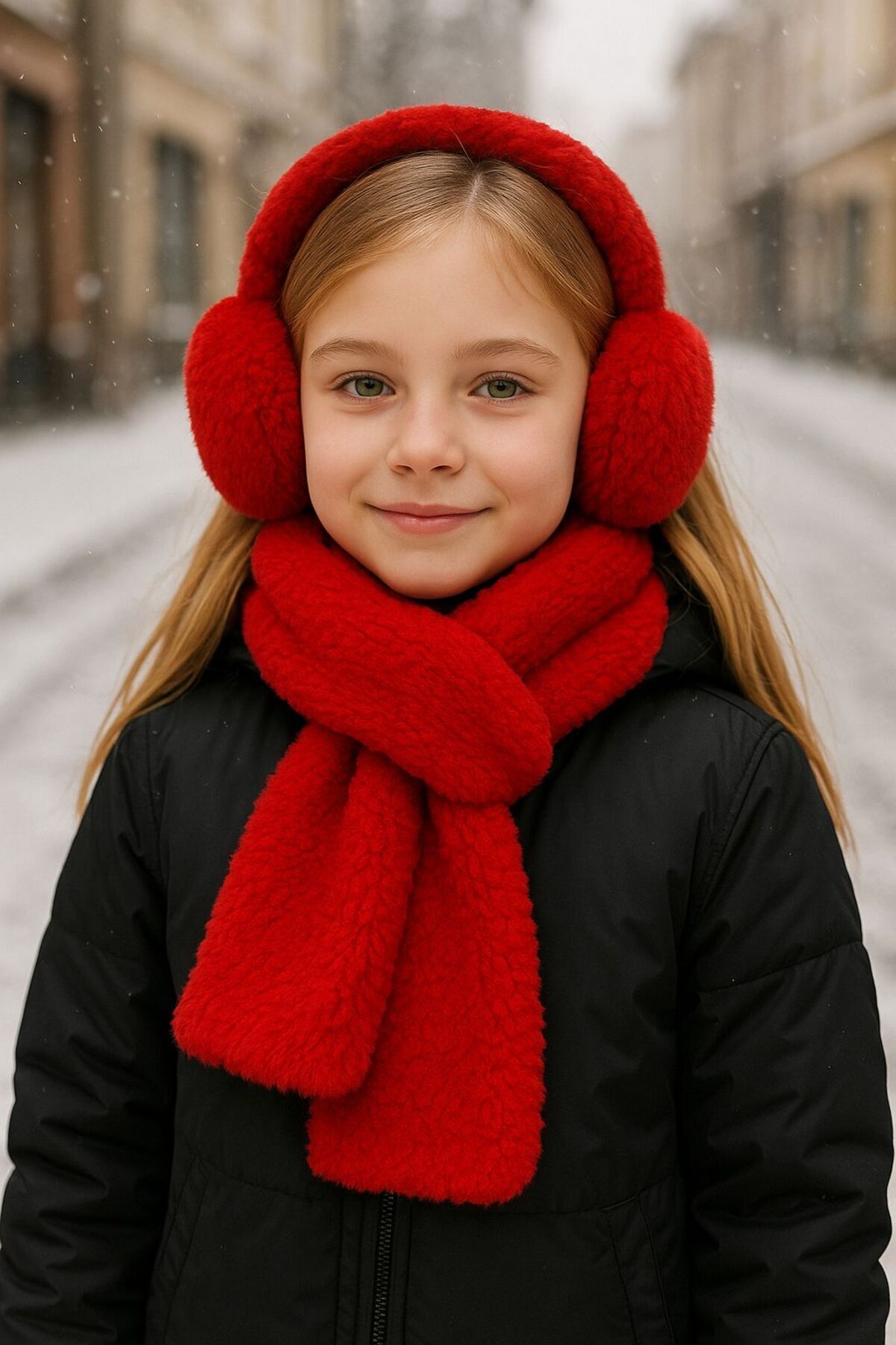 BALIENTE Kırmızı Yumuşak Dokulu Peluş Kız Çocuk Kulaklık ve Boyunluk 2’li Set