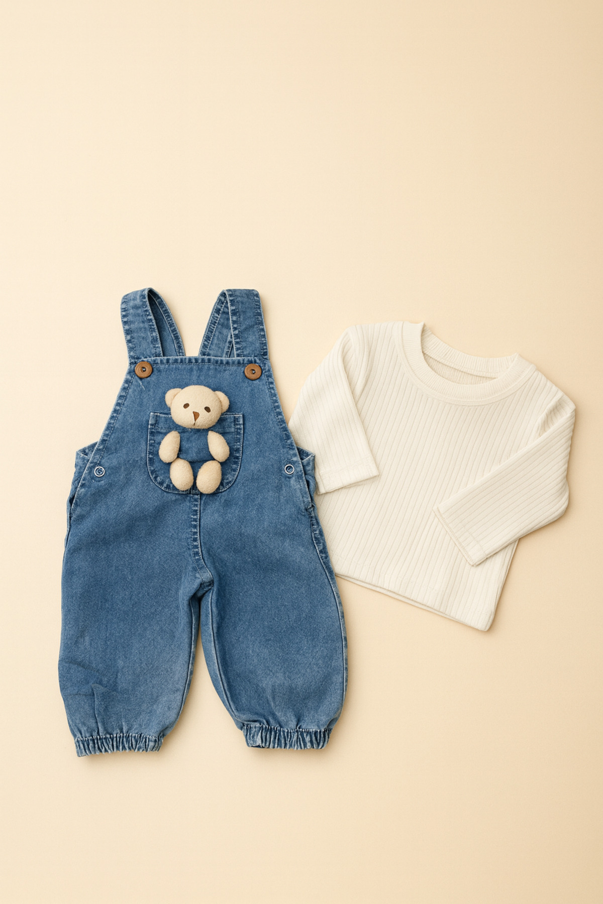 BEBEXO KIDS Unisex Ayıcıklı Bebek Kot Salopet(Tulum) Çizgili Body 2'li Takım (9-12-18 Ay) fotoğrafı 2 (önizleme)