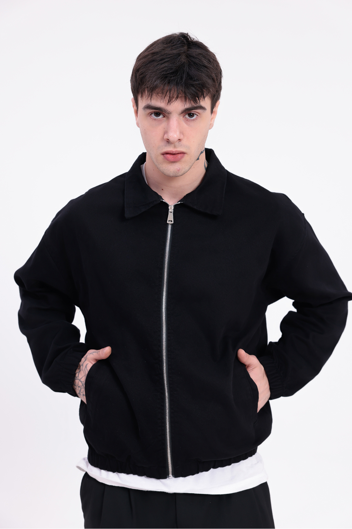 Montland  Erkek Siyah Gabardin Kumaş Fermuarlı Oversize Beli Lastikli Mevsimlik Ceket - Görsel 6