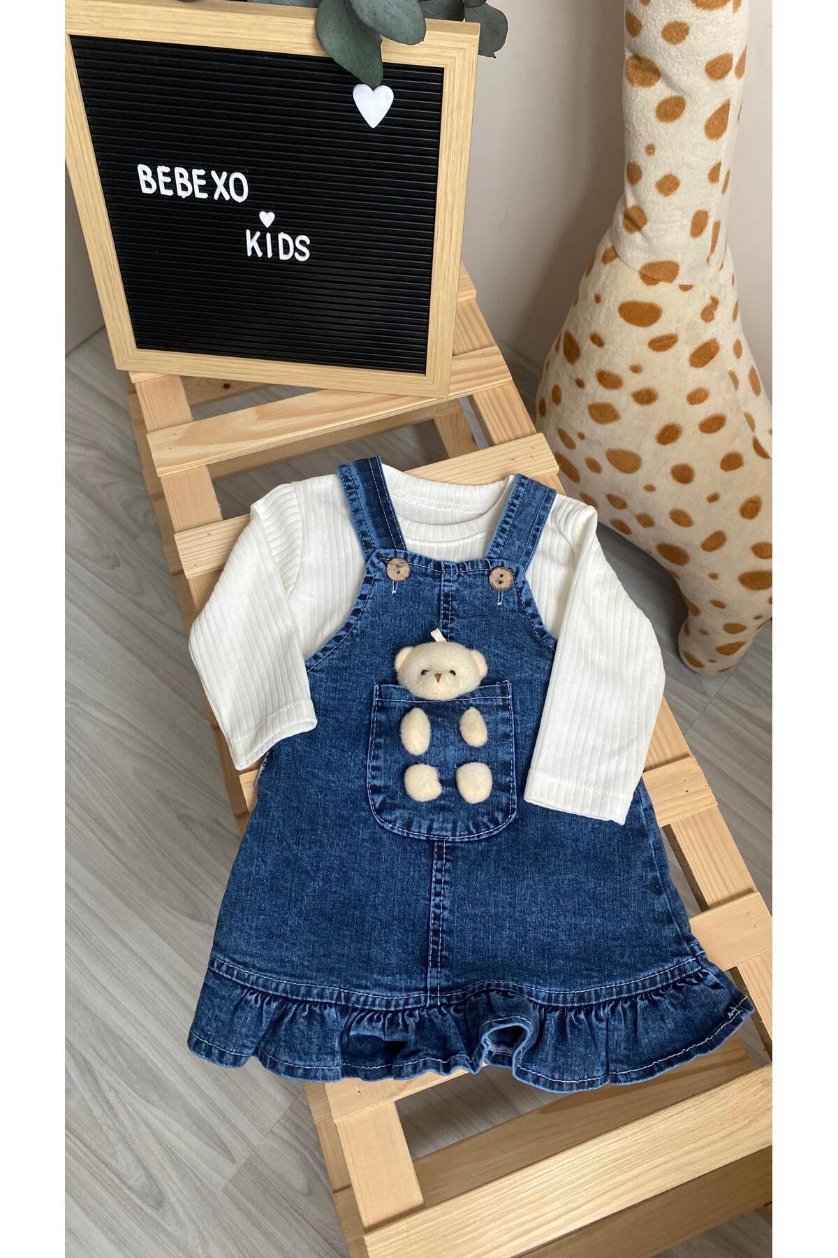 BEBEXO KIDS Kız Bebek Ayıcıklı Fırfırlı Kot Elbise Çizgili Body 2'li Takım (9-12-18 Ay fotoğrafı 3 (önizleme)
