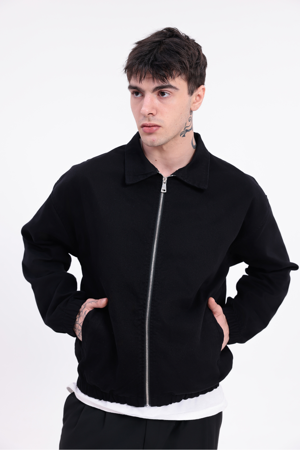 Montland  Erkek Siyah Gabardin Kumaş Fermuarlı Oversize Beli Lastikli Mevsimlik Ceket - Görsel 4