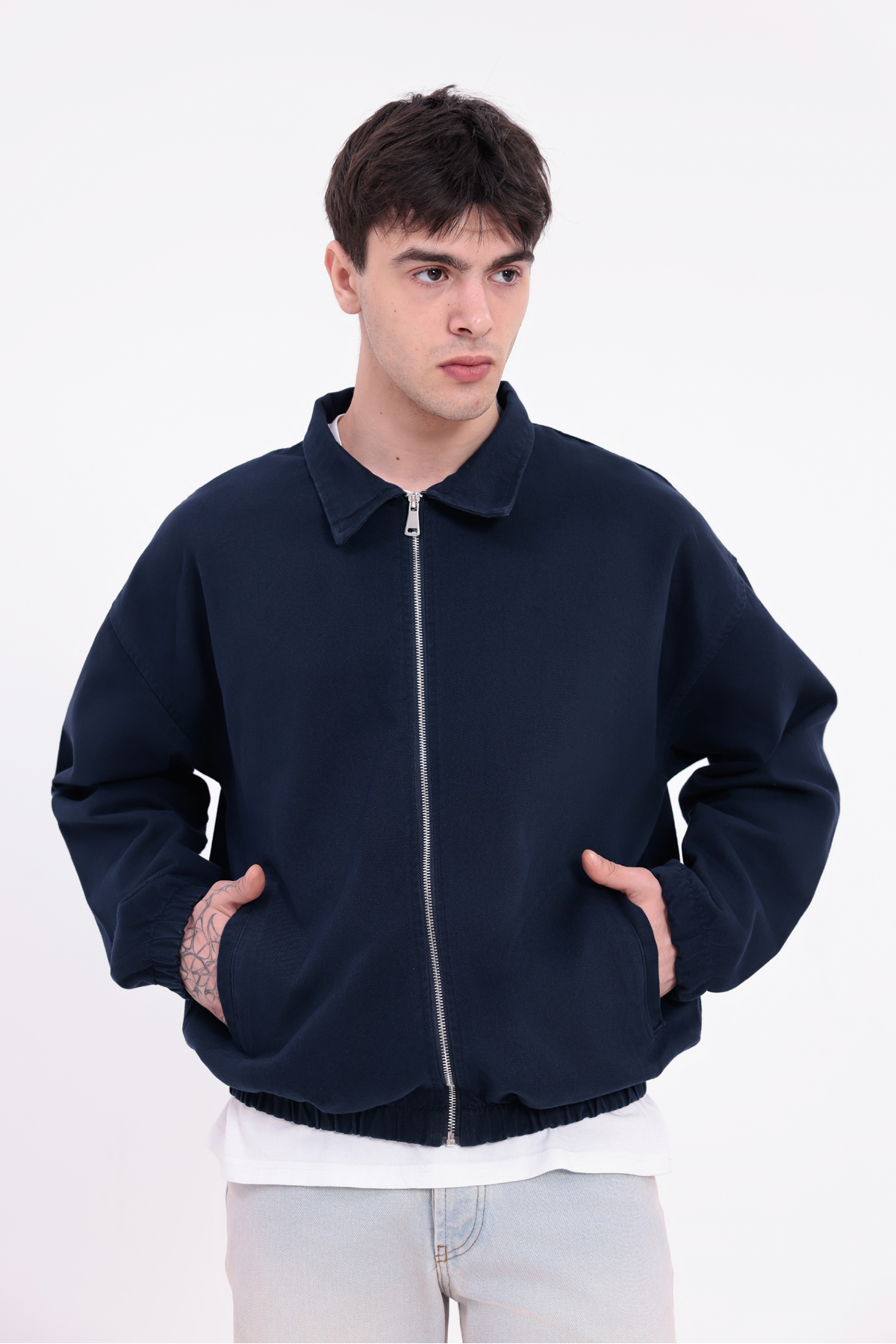 Montland  Erkek Lacivert Gabardin Kumaş Fermuarlı Oversize Beli Lastikli Mevsimlik Ceket - Görsel 5