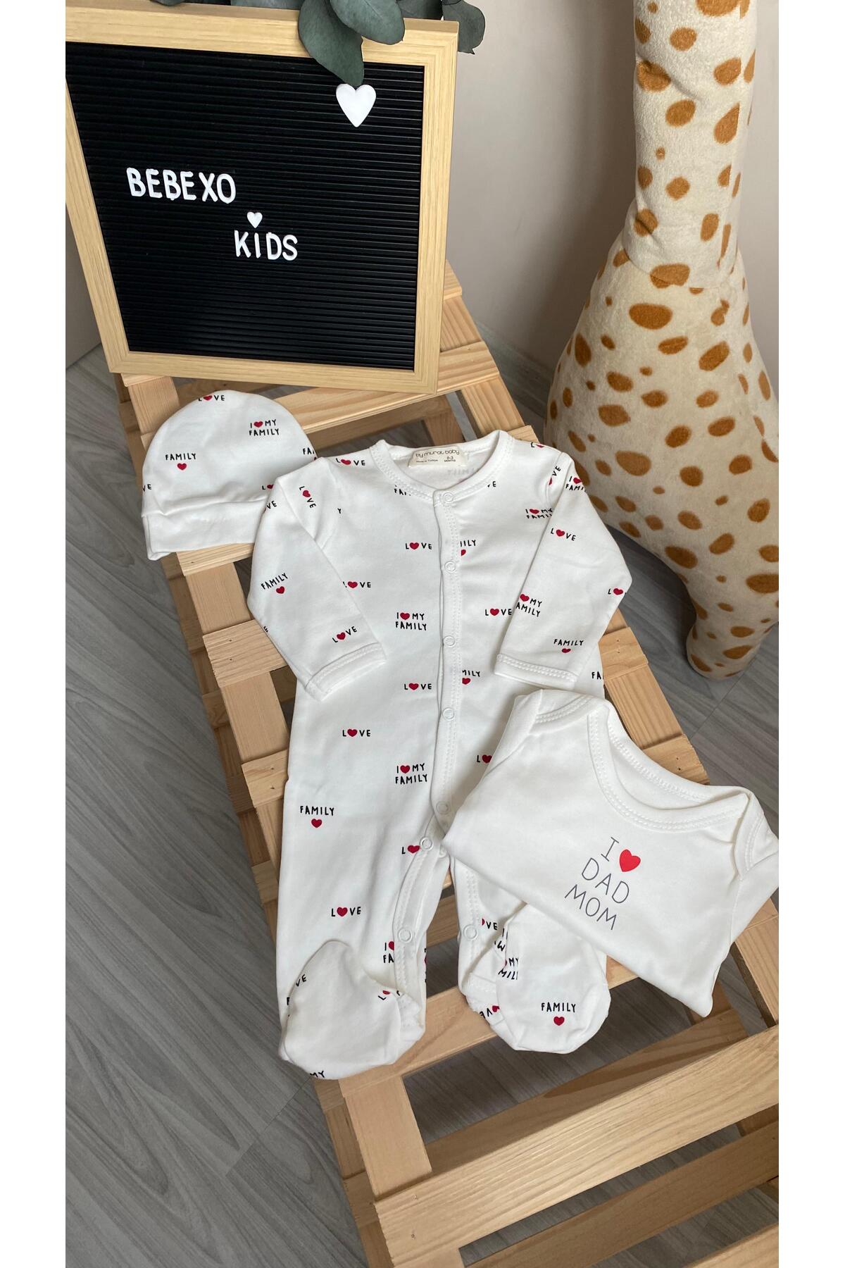 BEBEXO KIDS Unisex I Love Family & I Love Dad Mom Bebek Tulum Zıbın Şapka Seti %100 Pamuk (0-3/3-6 Ay) fotoğrafı 3 (önizleme)