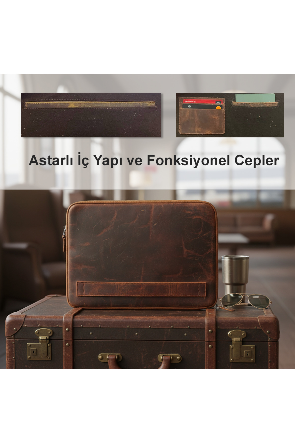 Luqa Leather  Vintage Hakiki Deri Çanta 2 Kartlık 2 Cep I 14 İnç Uyumlu | El Yapımı MacBook Kılıfı - Görsel 6