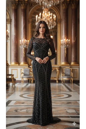 UZER Paris Şehir Işıkları Serisi: Usta İşi Gümüş,taş ve payet baskılı Abiye S...