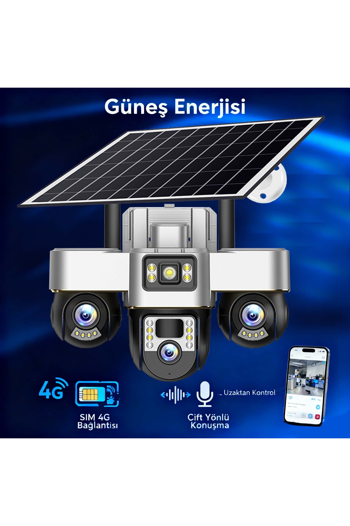 Dobest Güneş Enerjili 9MP 3 Lensli PTZ 360° Tam Görüş HD SIM Kartlı Gece Görüş Güvenlik Kamerası