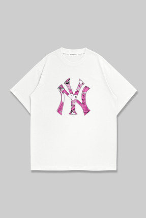 KASHKHA Beyaz Oversize %100 Pamuk Tişört – NY Pembe Disney