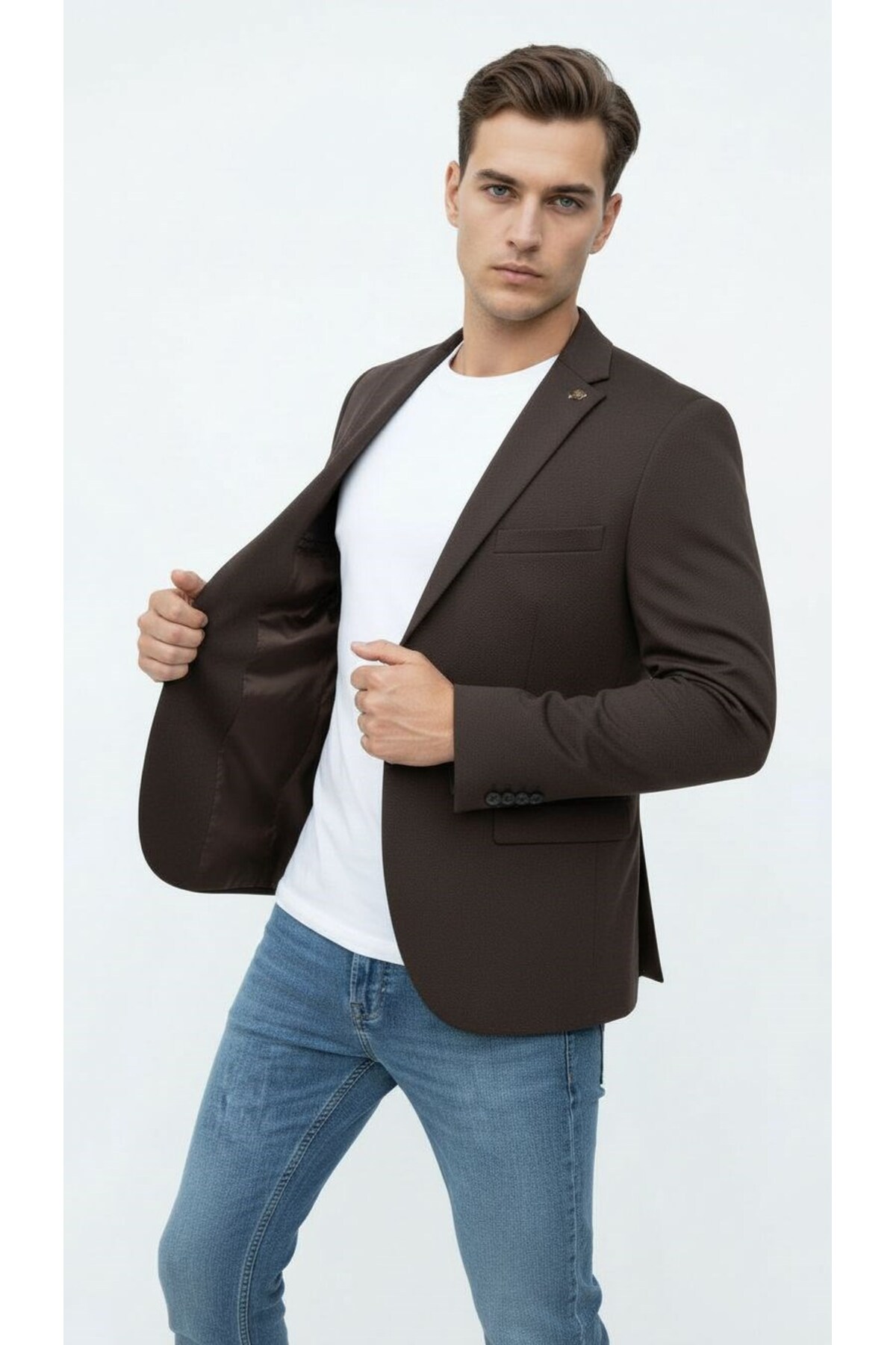 Plus Scorpion  Kahverengi Erkek Slim Fit Blazer Ceket – Şık, Modern, Günlük ve Ofis Kombinlerine Uygun Tek Düğmeli - Görsel 6