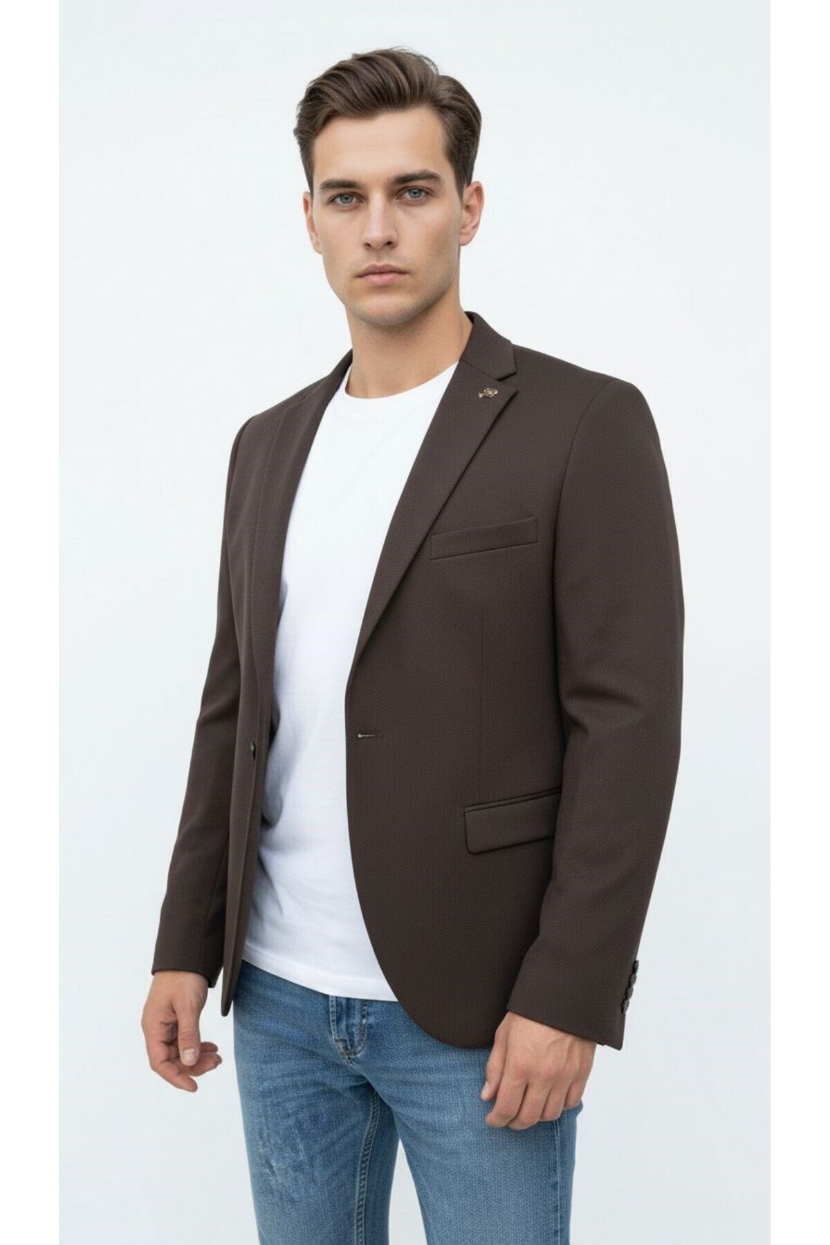 Plus Scorpion  Kahverengi Erkek Slim Fit Blazer Ceket – Şık, Modern, Günlük ve Ofis Kombinlerine Uygun Tek Düğmeli - Görsel 3