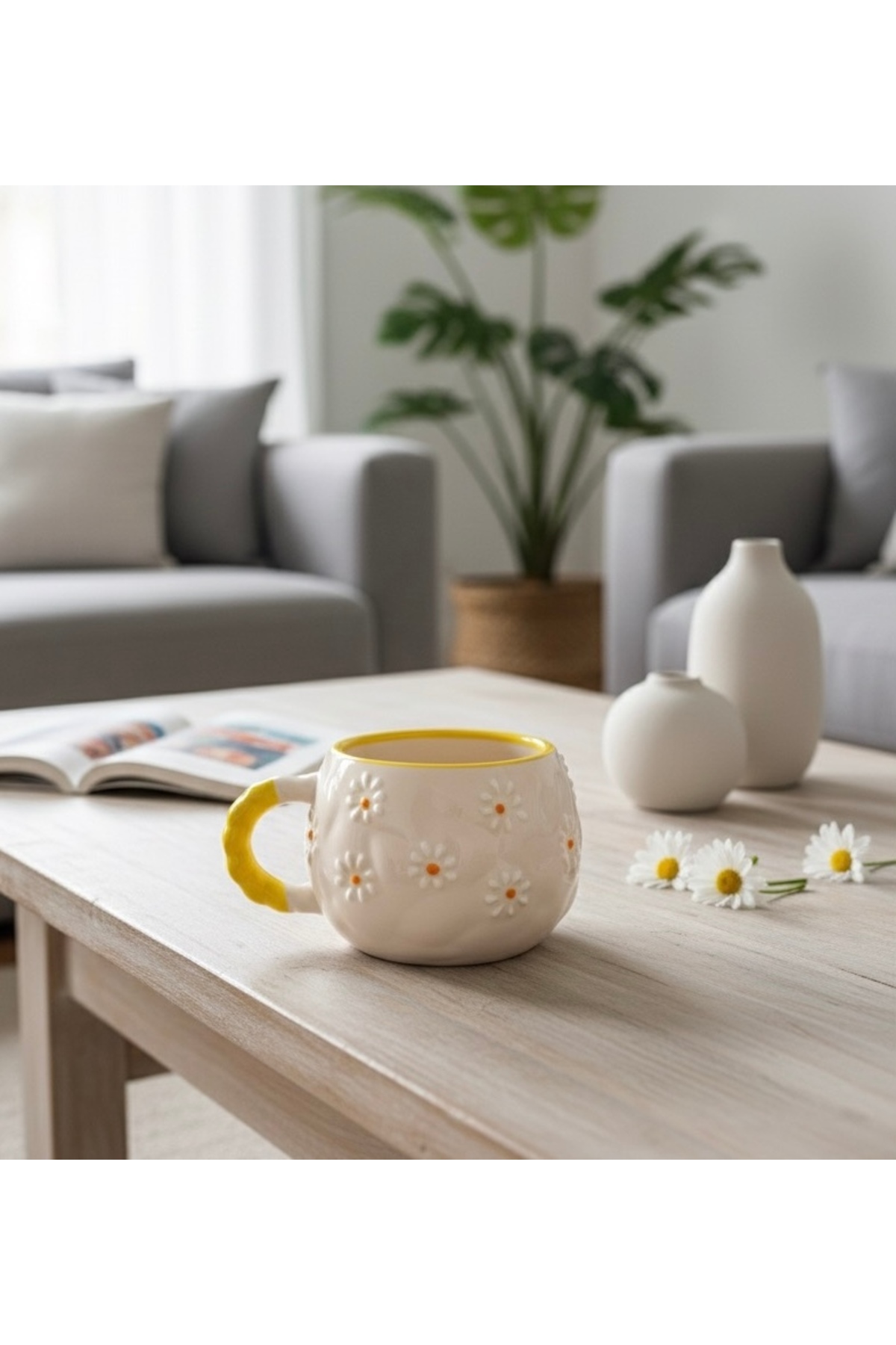 Embossed Textured DAISY Patterned Custom Embossed All Handmade Ceramic Mug