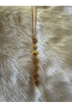 Elarie Jewels Altın Renk Çelik Pembe Taşlı Uzun Zincir Kadın Kolye