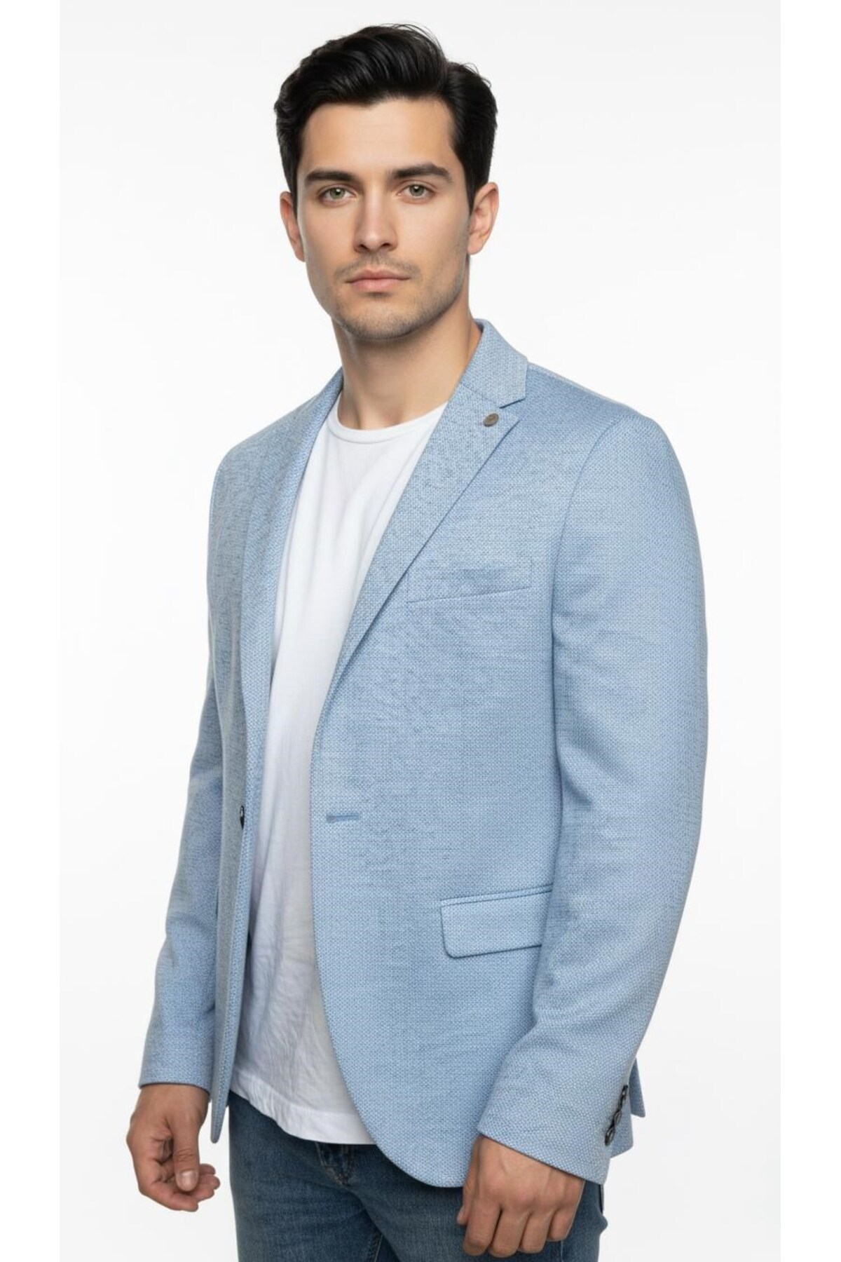 Plus Scorpion  Erkek Karyağdı Desenli Slim Fit Blazer Ceket – Mavi & Gri – Şık Günlük ve Ofis Kombin - Görsel 2