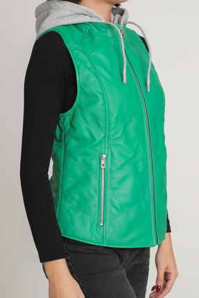 Tasarım Carmen Kadın Yeşil Hakiki Deri Kapüşonlu Yelek