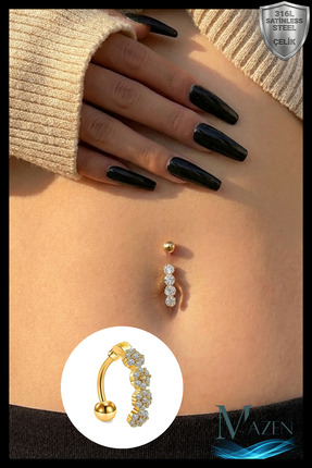 MAZEN 316L Cerrahi Çelik Sıralı Zirkon Taşlı Kavisli Sıralı Taşlı Göbek Pierc...