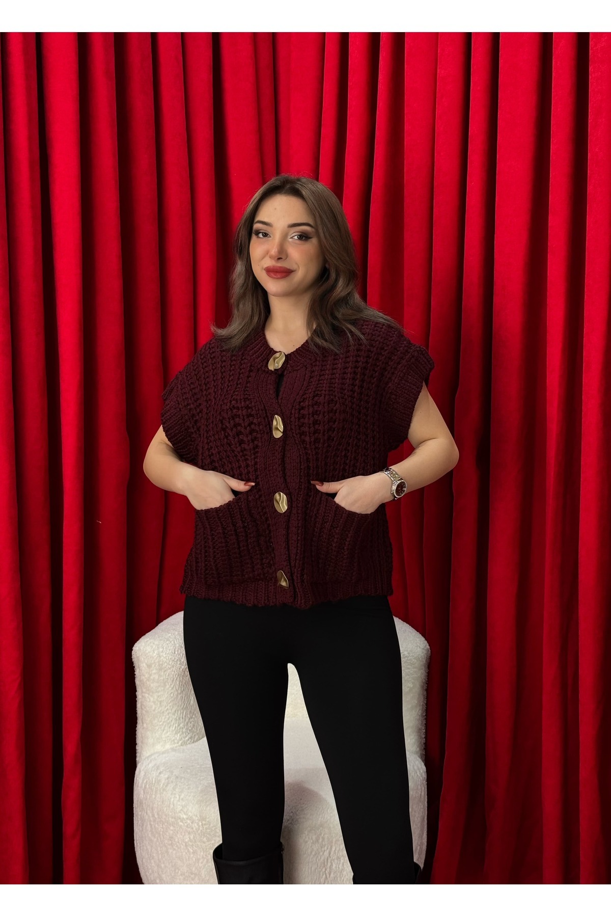 Neva Wear Örgülü Önü Düğmeli Oversize Kolsuz Triko Yelek