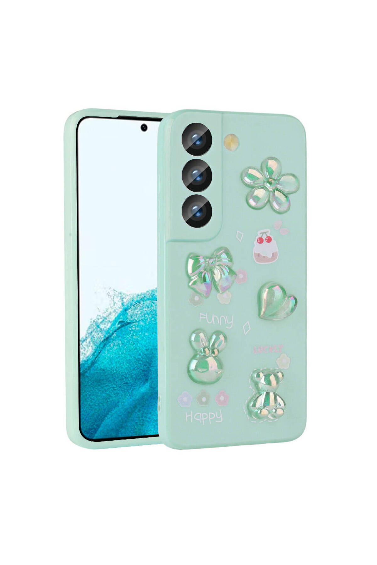 Galaxy S21 FE Uyumlu Kabartma Figürlü Parlak ASMA Toys Silikon Kılıf-Açık Yeşil