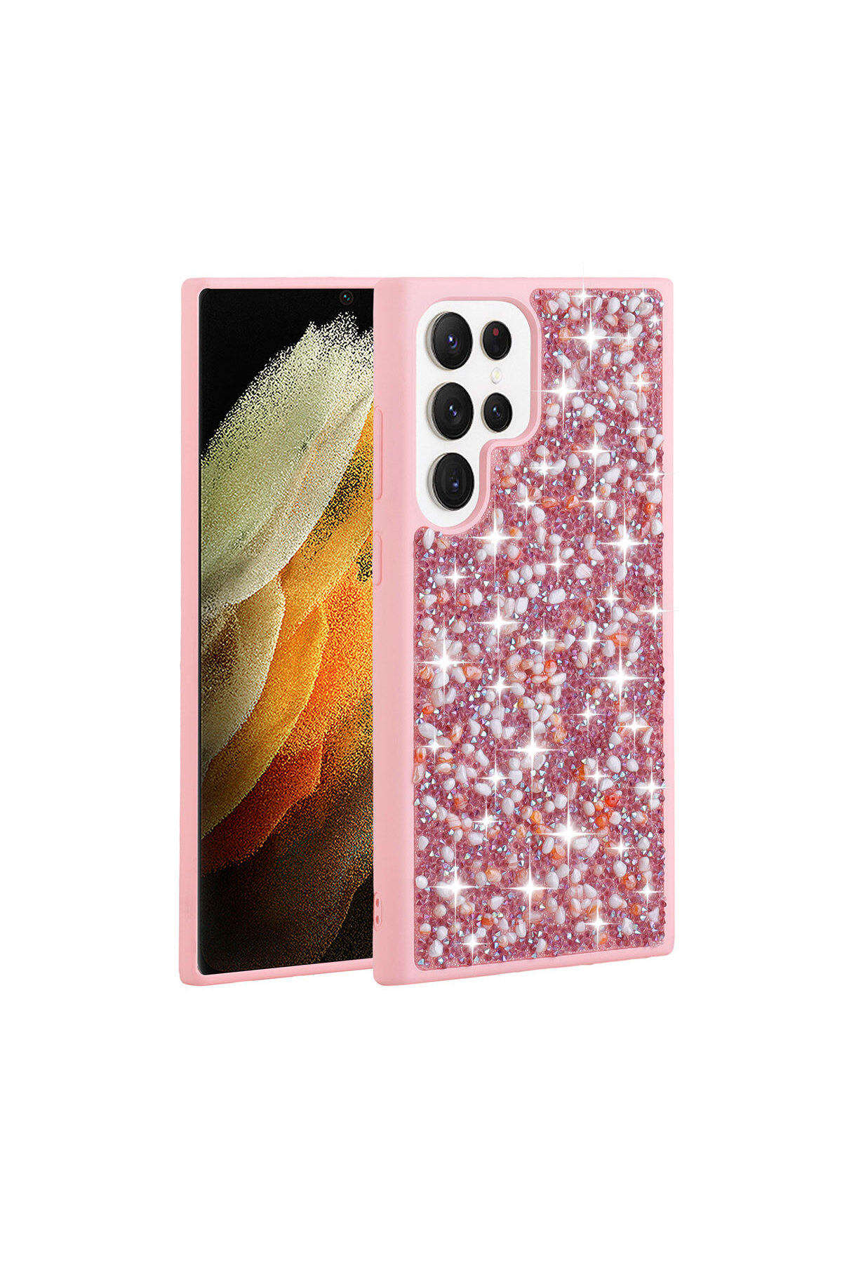 Galaxy S23 Ultra Uyumlu Parlak Taşlı Tasarım ASMA Linea Kılıf-Pembe