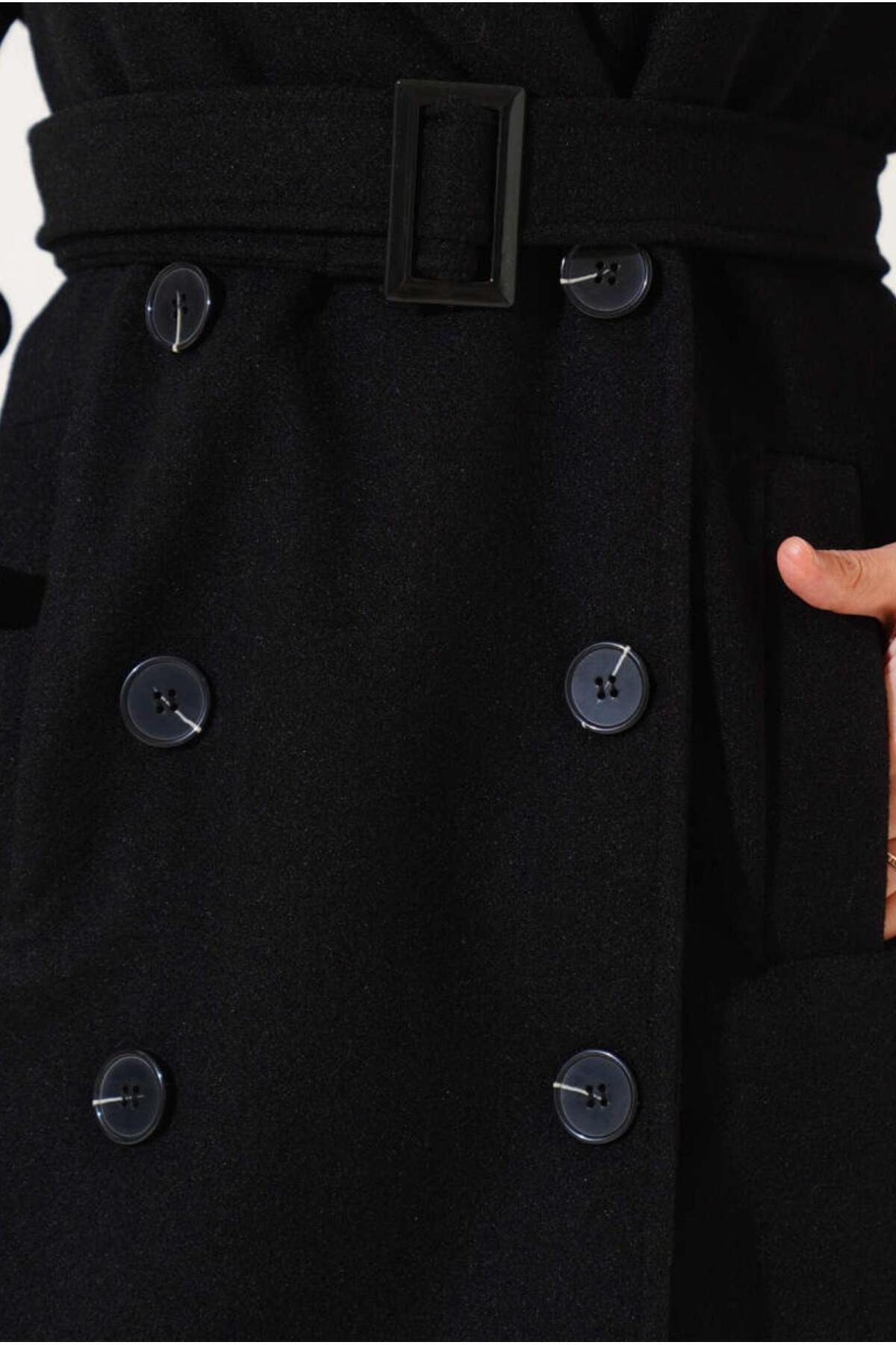 MODAM HİFA  Premium Kadın Siyah Kaşe Kaban Uzun Kışlık Kemerli Şık Palto Mont - Görsel 4