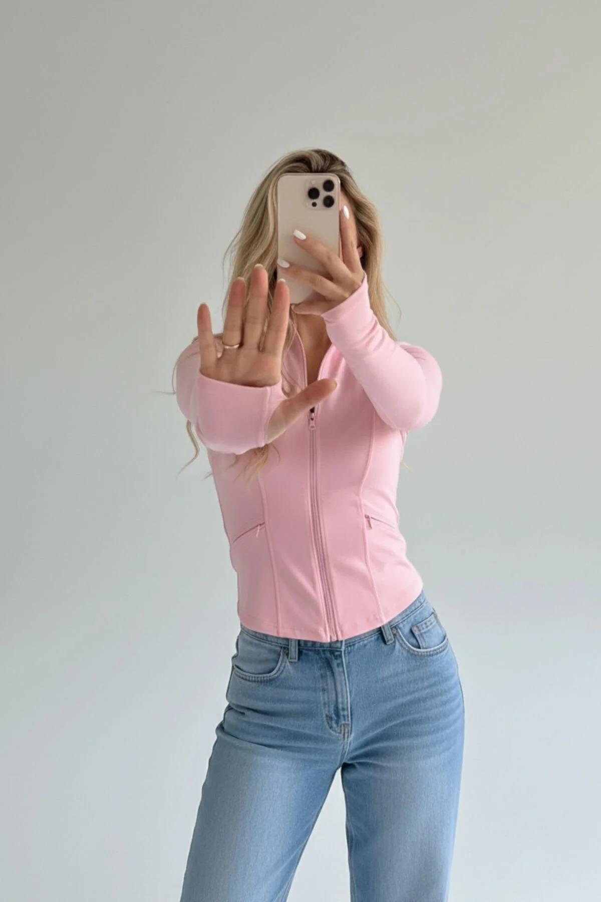 8line  Pembe Fermuarlı Parmak Geçirmeli Rover Uzun Kollu Spor Hırka