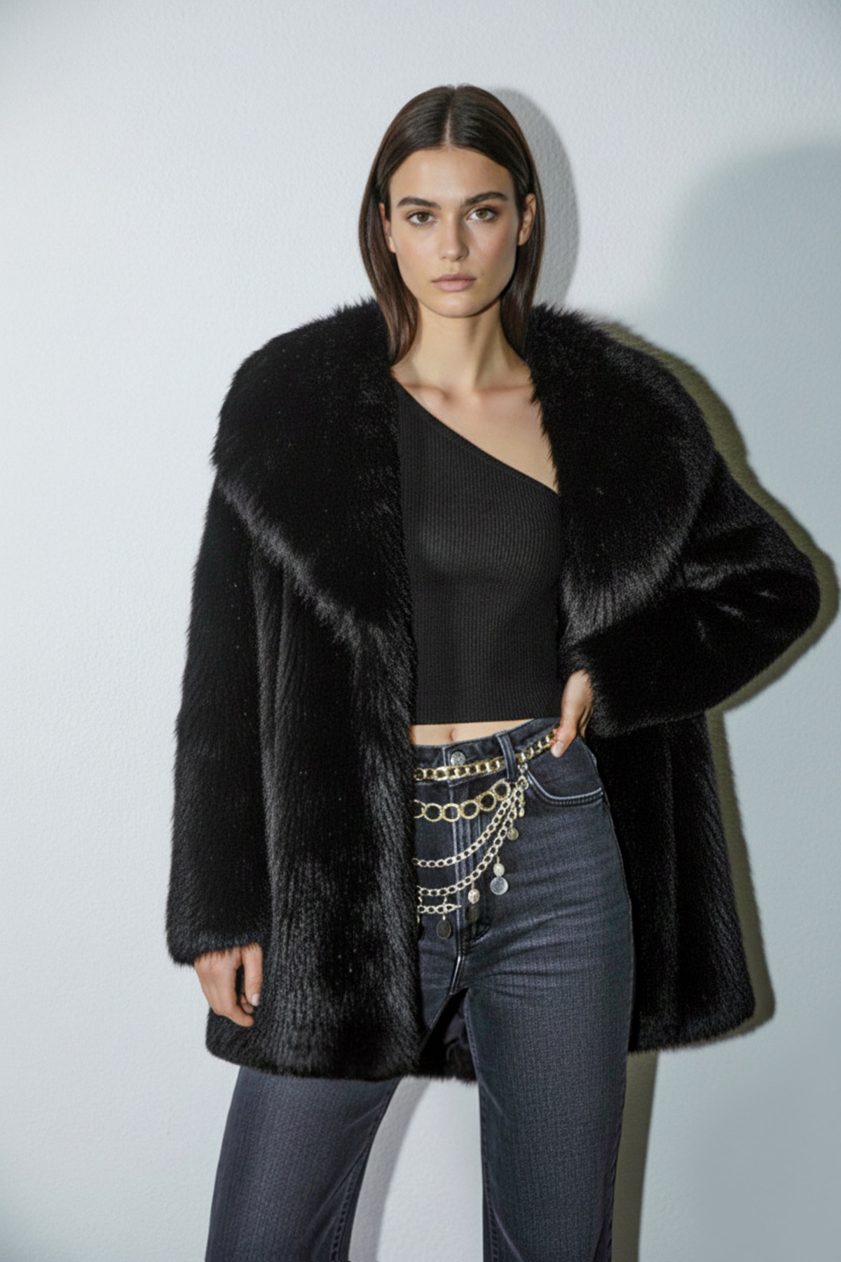 kear bunner  Geniş Yaka Suni Kürk Kaban - Görsel 3