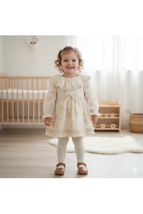 WONDRESS BABY Kız Bebek Fırfır Yakalı Dantel Detaylı Keten-Pamuk Elbise