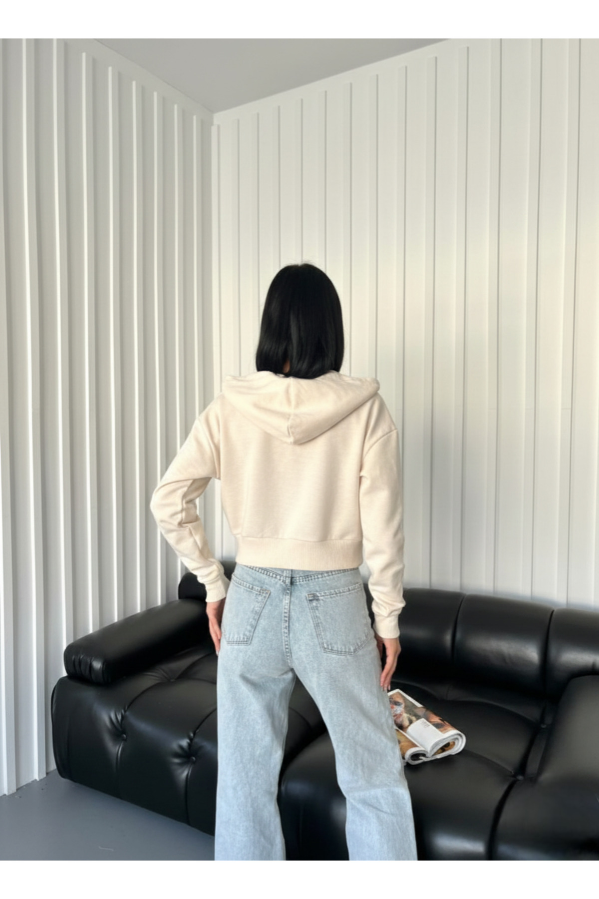SmallTouch  Kapüşonlu Fermuarlı Ekru Crop Hırka - Görsel 5