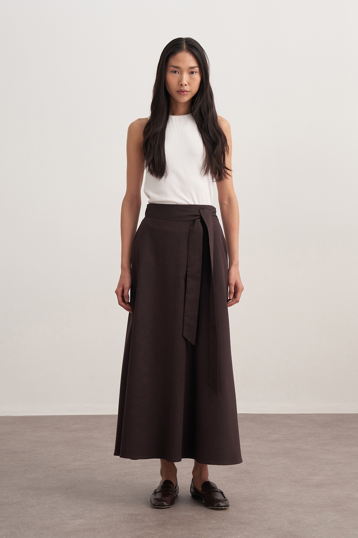 ebu prive  Kadın Gabardin Kemerli Kloş Etek Kahve