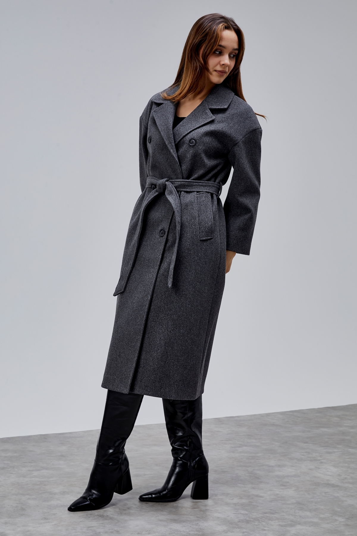 Bolivente  Antrasit Kruvaze Kapama Belden Bağlamalı Geniş Kalıp Kaşe Kaban - Görsel 3