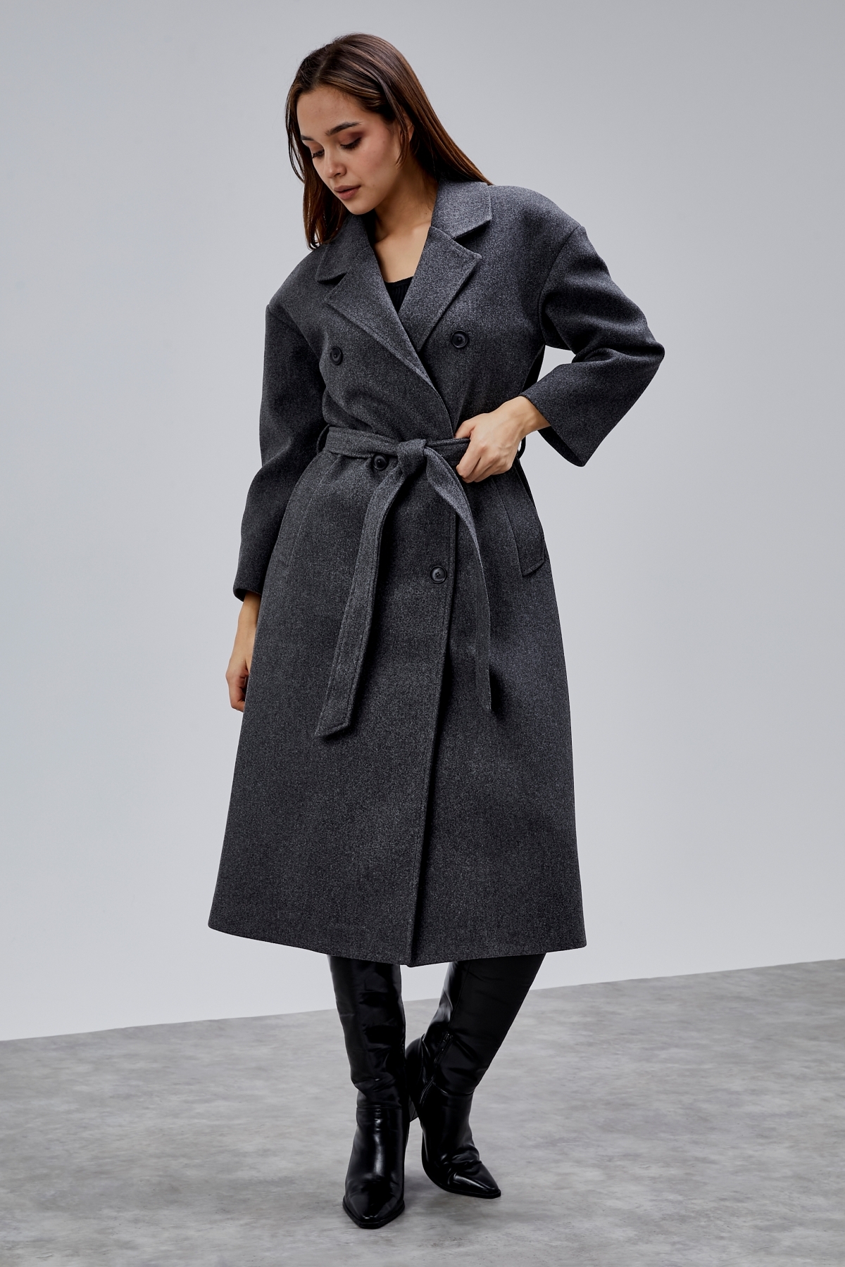 Bolivente  Antrasit Kruvaze Kapama Belden Bağlamalı Geniş Kalıp Kaşe Kaban - Görsel 5