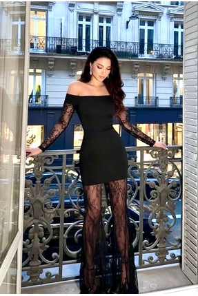 LAPİS Kayık yaka dantel elbise