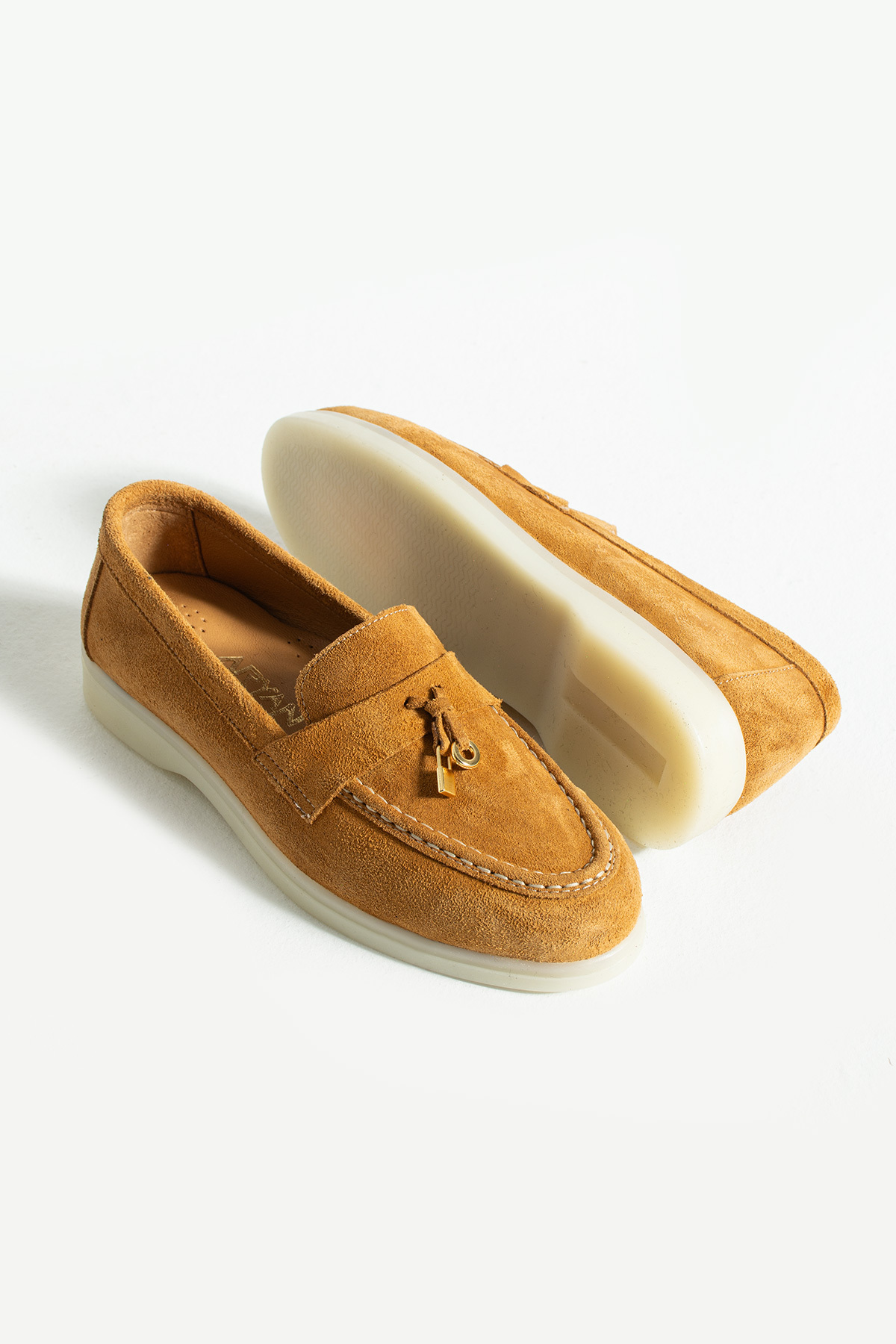Women's Genuine Leather Suede Classic Anti-Slip Sole Detail Gold Accessory Buckle Loafer Flat Shoes