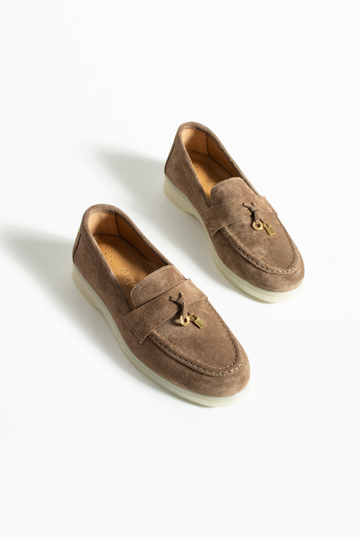 Women's Genuine Leather Suede Classic Anti-Slip Sole Detail Gold Accessory Buckle Loafer Flat Shoes