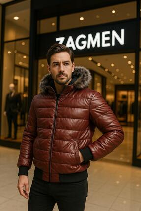 ZAGMEN Erkek Kürk Yaka Şişme Suni Deri Mont Haki