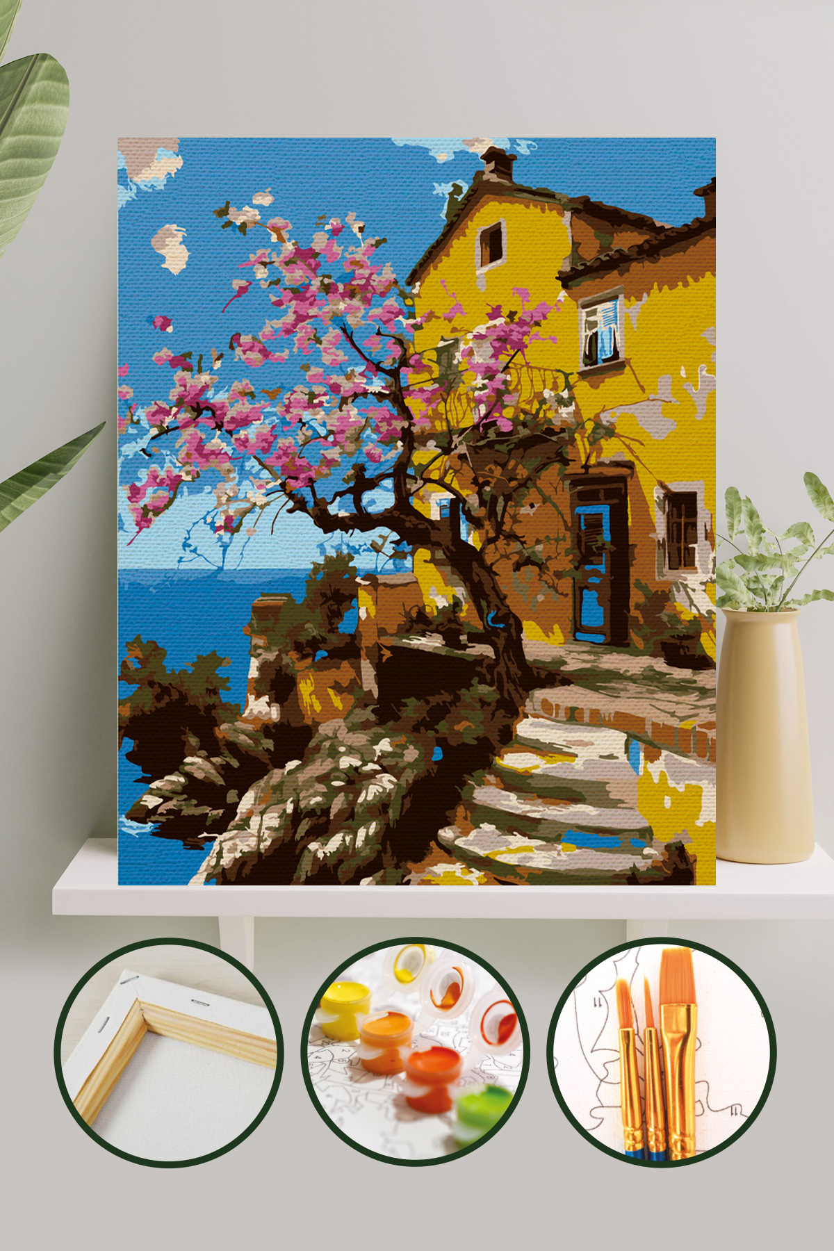 Sayılarla Boyama 40x50 CM Tuval Seti Fırça Boya Dahil Çıtaya Gerili - Sarı Ev