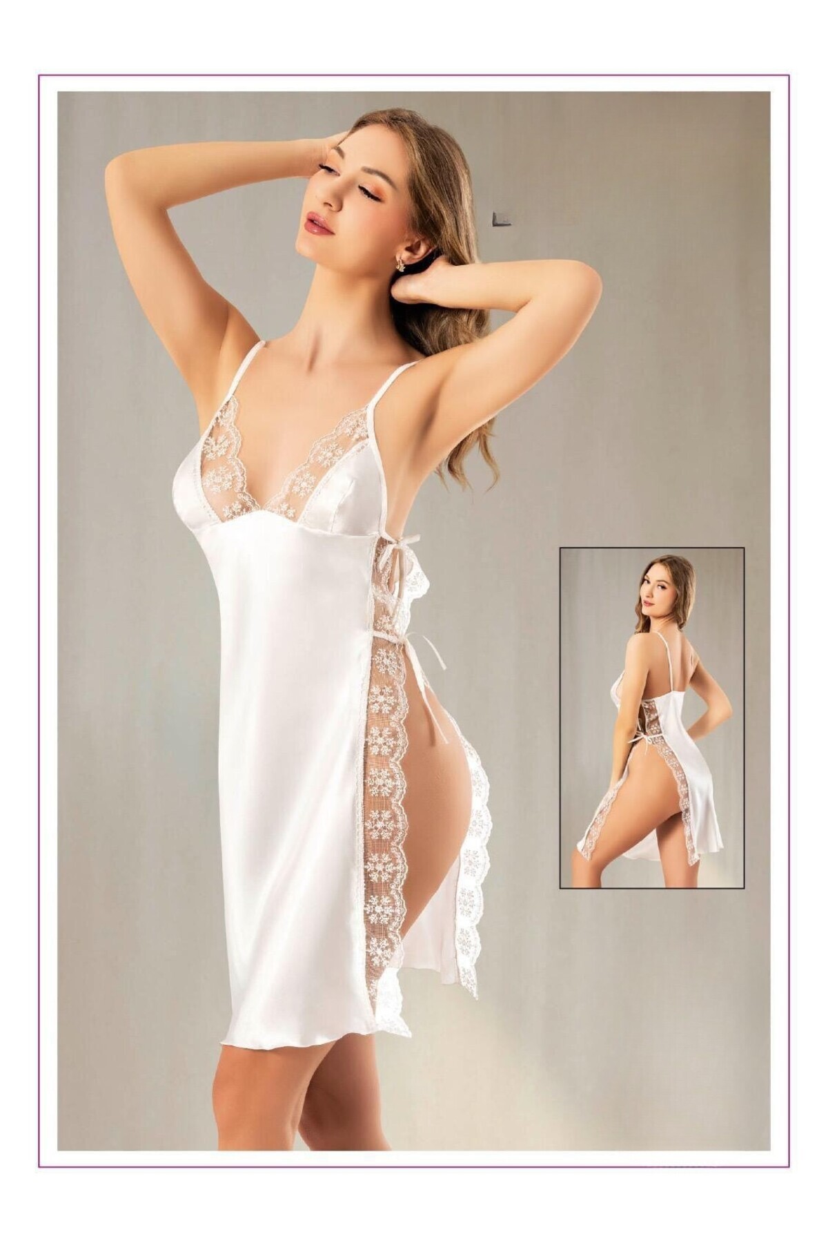 Pelife Underwear Beyaz Kısa Saten Elbise Fantezi Gecelik | Dantel-BORDO-BEYAZ-Saten-Kadın-Gecelik-Çeyizlik-Elbise