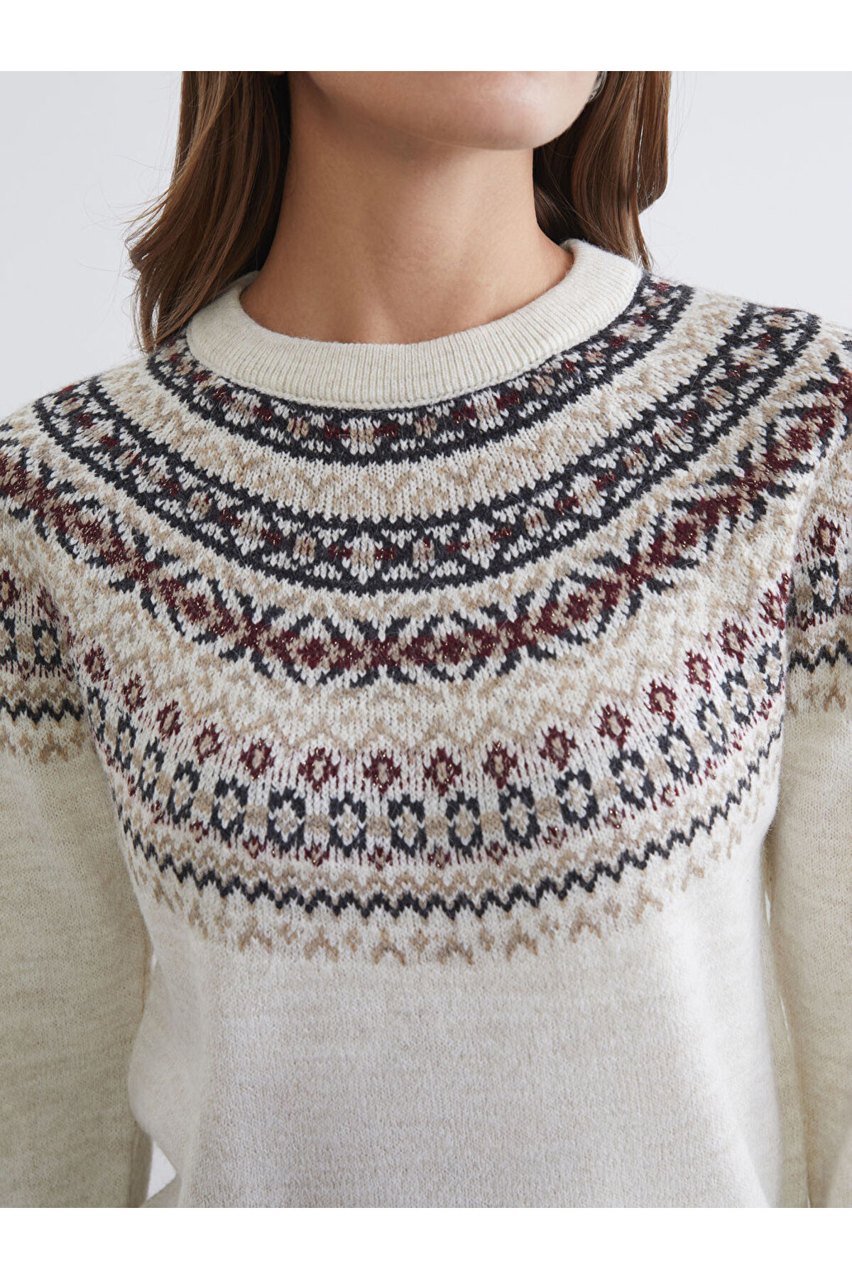 LC Waikiki LCWAIKIKI Classic Bej Bisiklet Yaka Desenli Kadın Triko Kazak fotoğrafı 3 (önizleme)