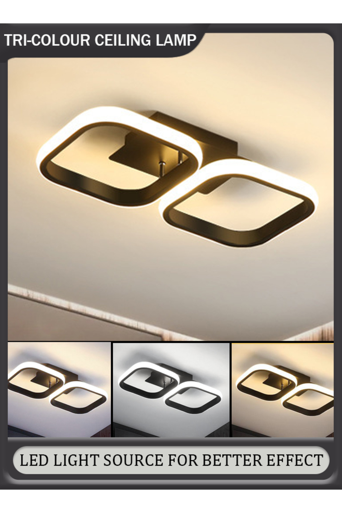 مصباح سقف LED مربع مزدوج أسود - إضاءة عصرية للمداخ...